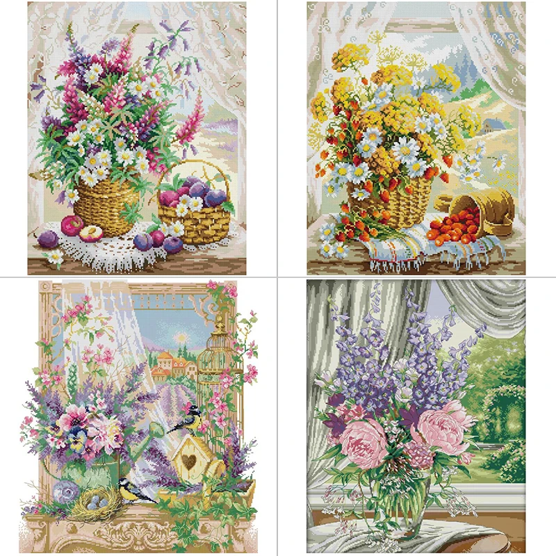 Embroidery X Pattern - Alféizar de ventana cesta de flores