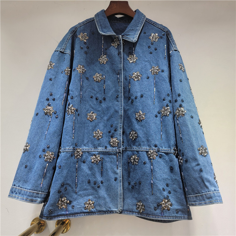 Embroidery Flower Pattern - SuperAen-Chaqueta vaquera con cuello tipo Polo