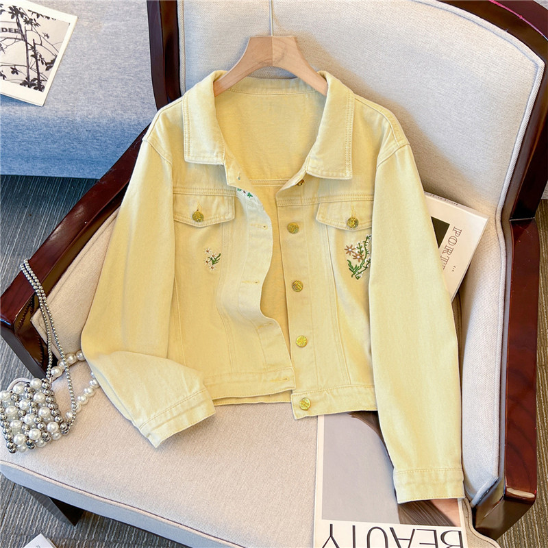 Embroidery Jeans - Chaqueta vaquera corta amarilla vintage coreana